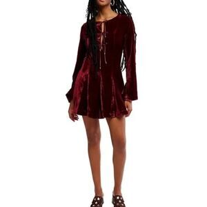 Free People Linney Red Velvet Long Sleeve Mini Dress Size 10